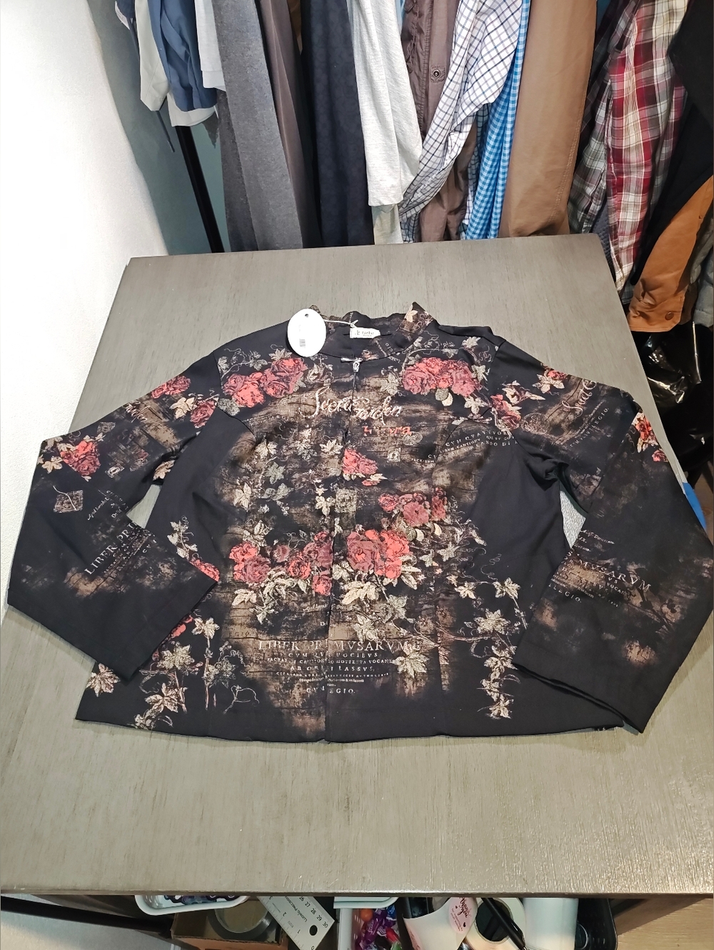 Woman's Floral Print Black Jean Lightweight Jacket,Zipper Closer,Western Style